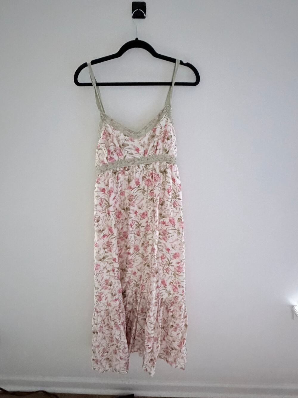 Mine Floral Ribbon Pink Green Cream Lace Delicate Cottage Core MIDI Dress-Size L